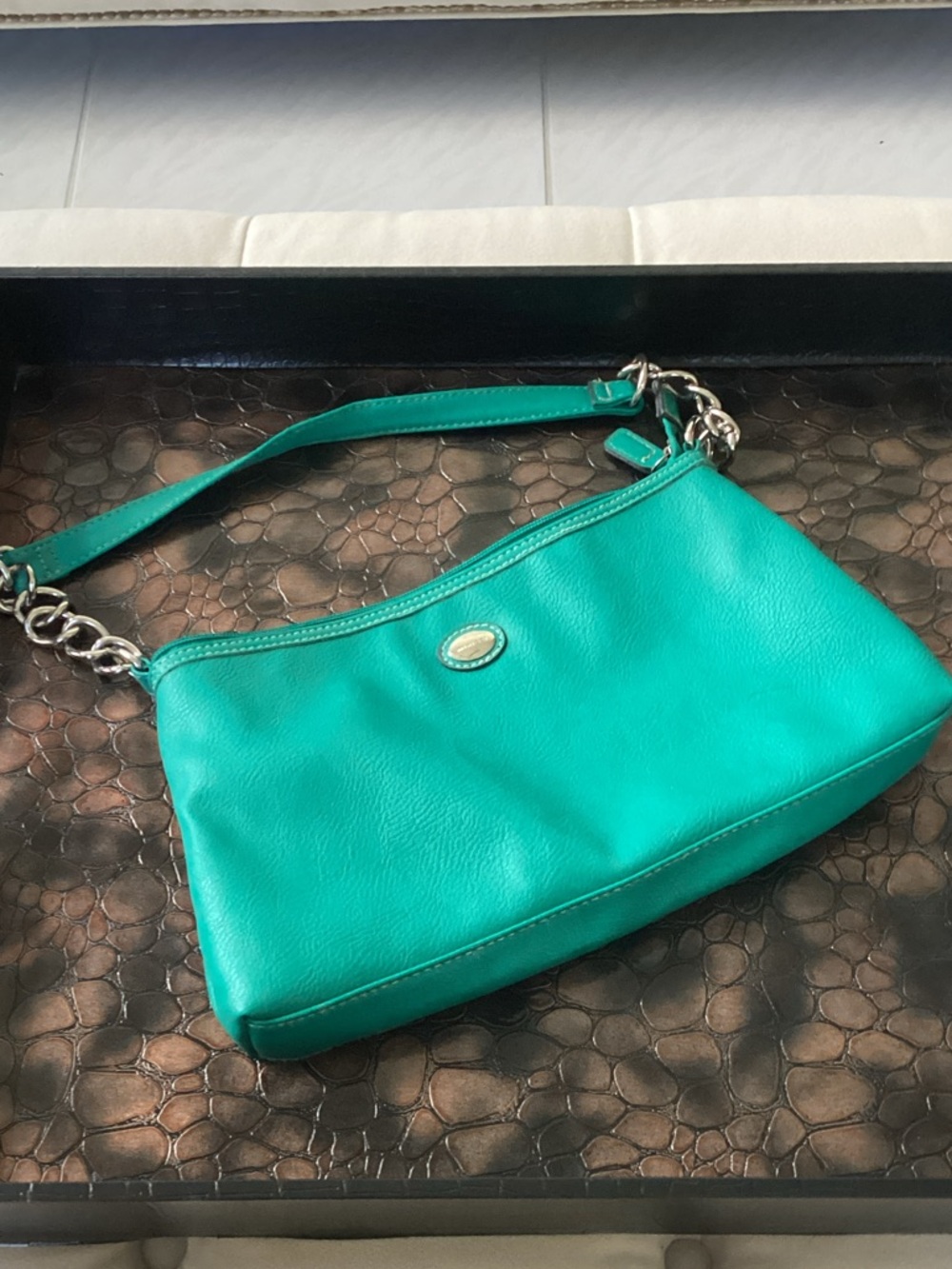 Minicci Teal Leather Shoulder Bag with Silver Chain Accent